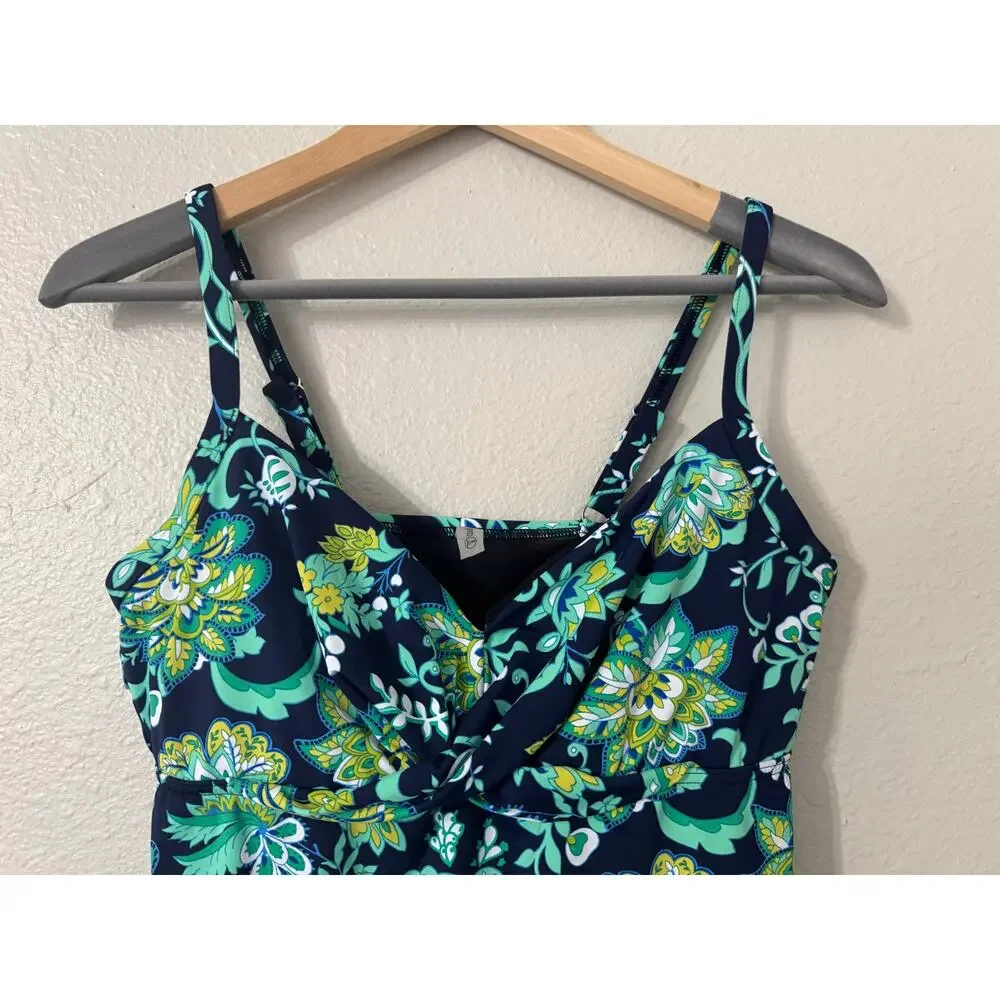 Lands End Navy Blue Deep Sea‎ Floral Tankini Top Underwire Size 6